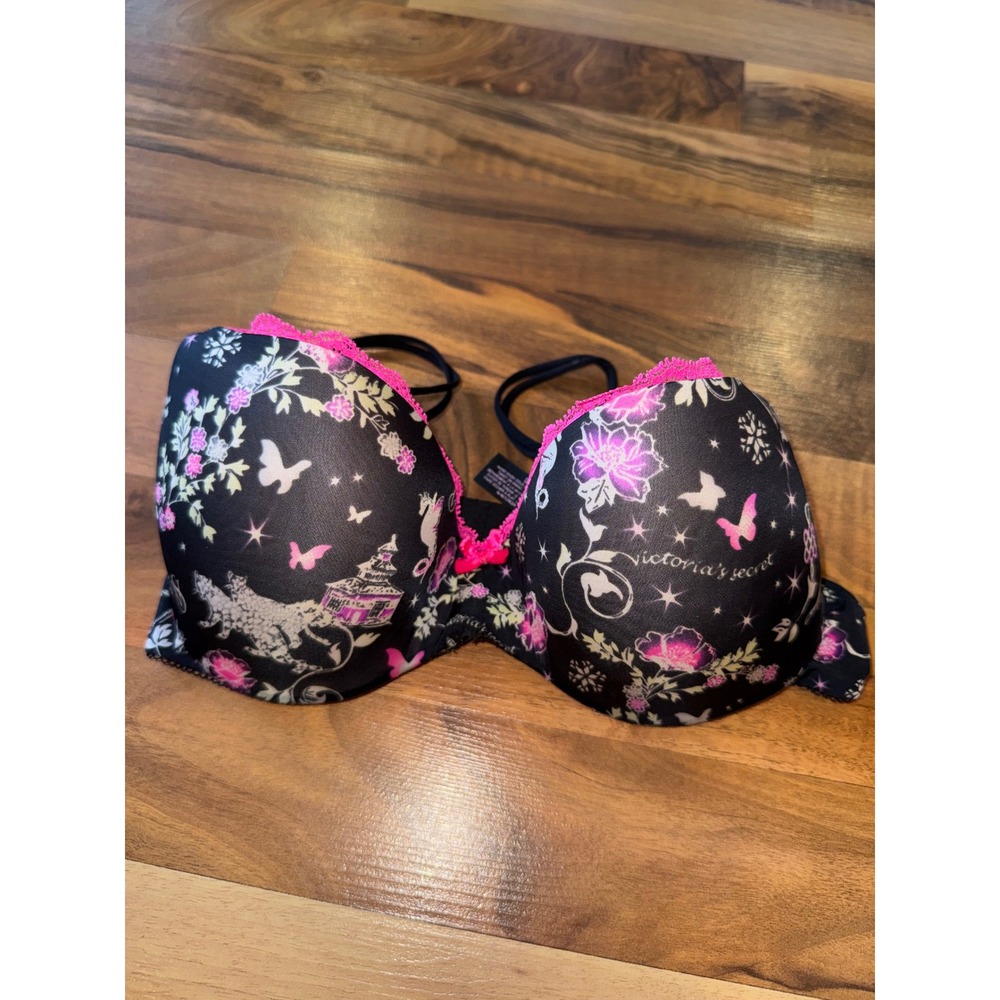 Victoria's Secret Black Pink Floral Butterfly Lantern Push Up Bra 34Cpadded Demi